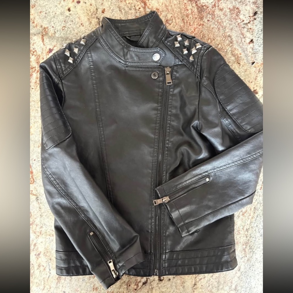 Kids Black Leather Jacket 7/8